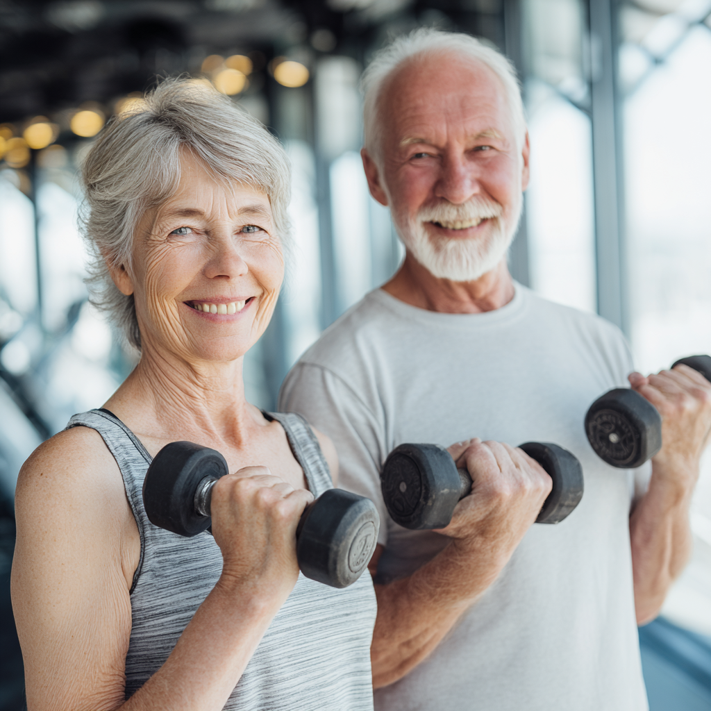 Confident elderly European man and woman in fitness attire smiling while holding dumbbells in a modern gym