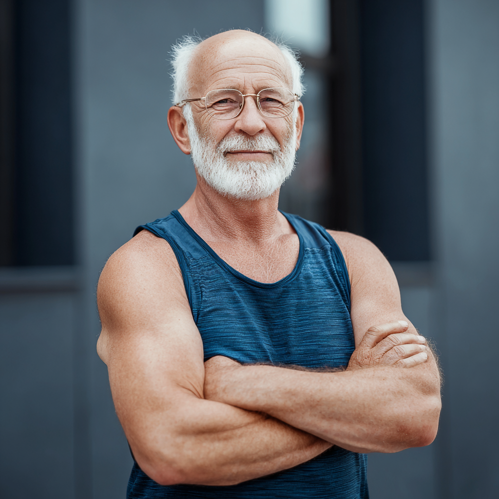 Elderly European woman demonstrating stretching exercises in a bright fitness studio with natural lighting